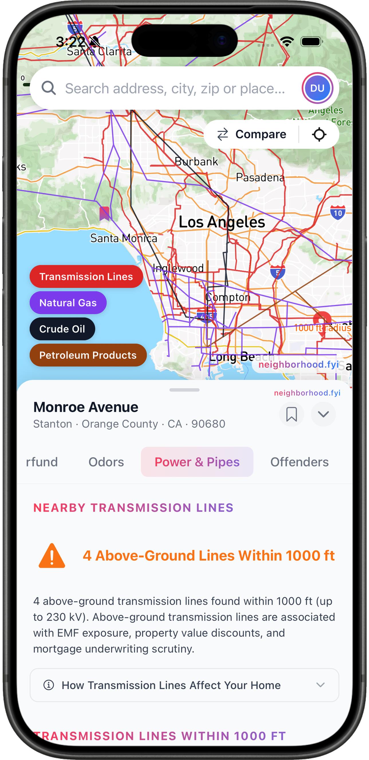 Power lines and pipelines map
